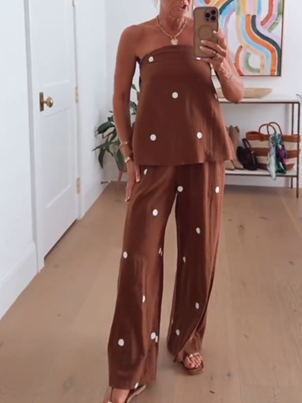 NWT Womens Polka Dot 2 Piece Strapless Tube Top Pant Set brown